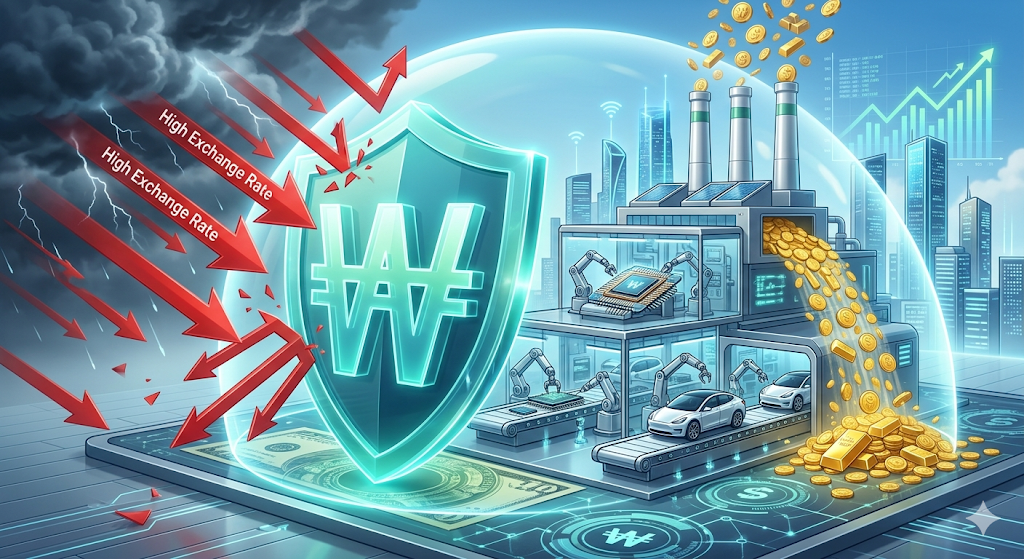 고공 행진하는 환율 차트를 방패 삼아 영업이익이 폭발하는 반도체·자동차 공장의 그래픽