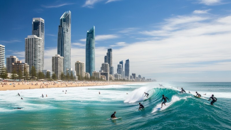 호주 골드코스트 서퍼스 파라다이스의 고층 빌딩과 서핑을 즐기는 활기찬 해변 풍경