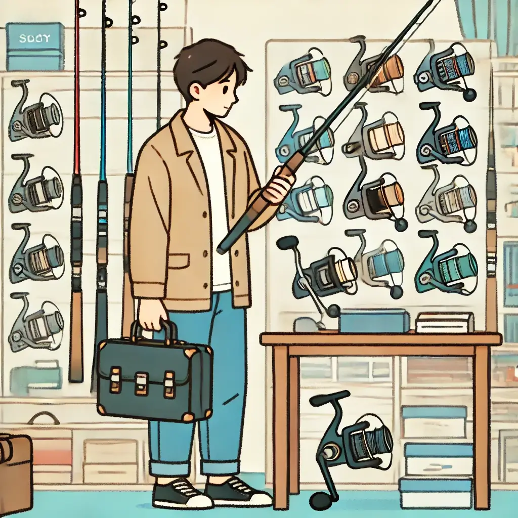 낚시 가게에서 장비를 고르는 남성의 모습