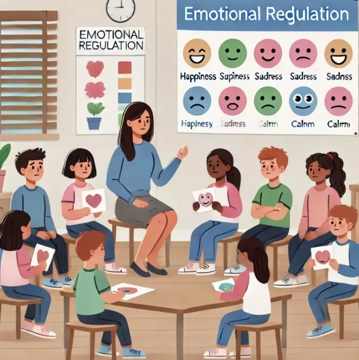 교실에서 교사가 학생들에게 감정 조절 활동을 지도하는 모습. 학생들은 반원형으로 앉아 감정 카드나 행복, 슬픔, 평온함과 같은 감정을 표현하고 있다. 벽에는 다양한 감정을 나타내는 얼굴과 라벨이 있는 포스터가 걸려 있으며, 교실은 차분하고 집중된 분위기이다.