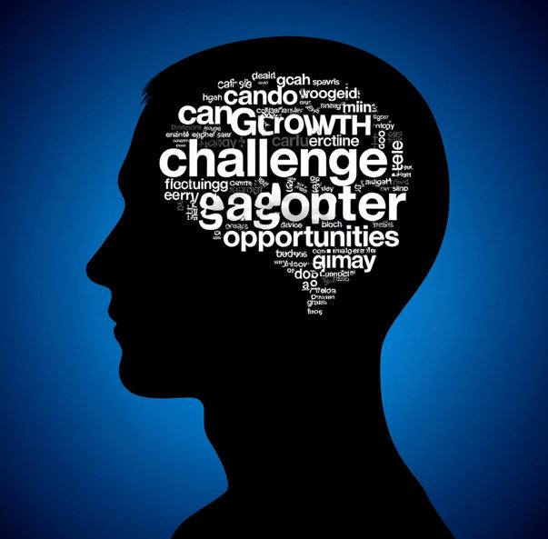 사람의 머리 모양의 실루엣 안에 긍정적인 단어들이 들어 있는 모습