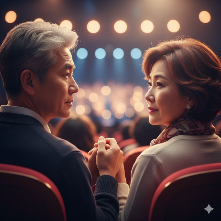 중년 부부가 조용히 서로의 손을 잡고 조항조 노래를 듣는 모습