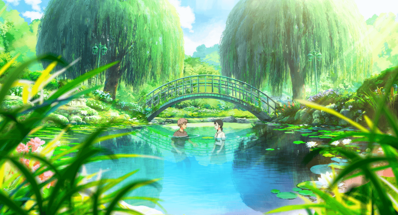 연못 안에서 서로를 바라보는 소년과 소녀