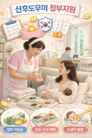 산후도우미 정부 지원 혜택을 안내하는 홍보 이미지, 정부 지원금&middot;산모 식사&middot;신생아 돌봄 등 주요 서비스 시각화