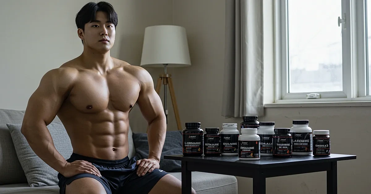 상반신을 드러낸 보디빌더가 거실에서 여러 보충제와 함께 촬영하는 모습