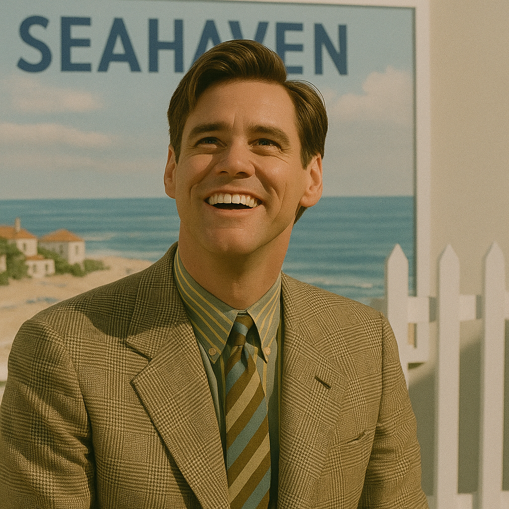 영화 트루먼 쇼 주인공 트루먼 버뱅크가 가상 현실 속에서 벗어나 자유를 얻고 행복해 하는 모습