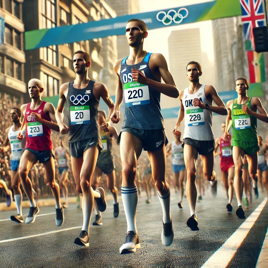 대표적인 장거리 달리기 종목이면서 올림픽 육상의 꽃이라고 불리는 마라톤 경기를 보여주는 이미지 사진