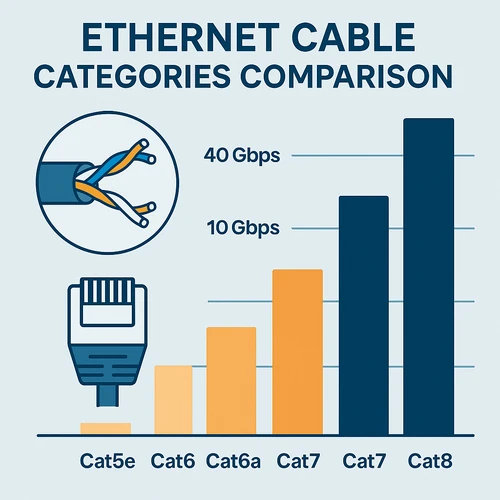 인터넷 케이블 종류 비교 차트 - Cat5e부터 Cat8까지 속도 및 대역폭 비교 인포그래픽
