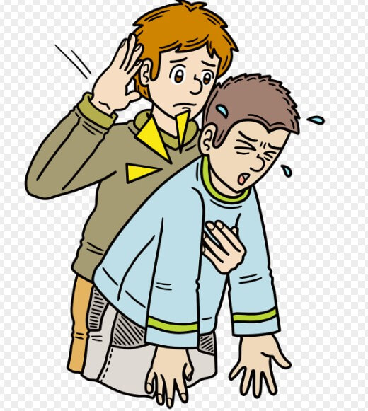 음식이 목에 걸린 사람을 구하고 있는 모습