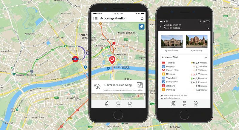 해외 숙소 예약 전 지도 앱에서 주요 관광지, 대중교통, 편의시설과의 거리를 확인하는 모습.