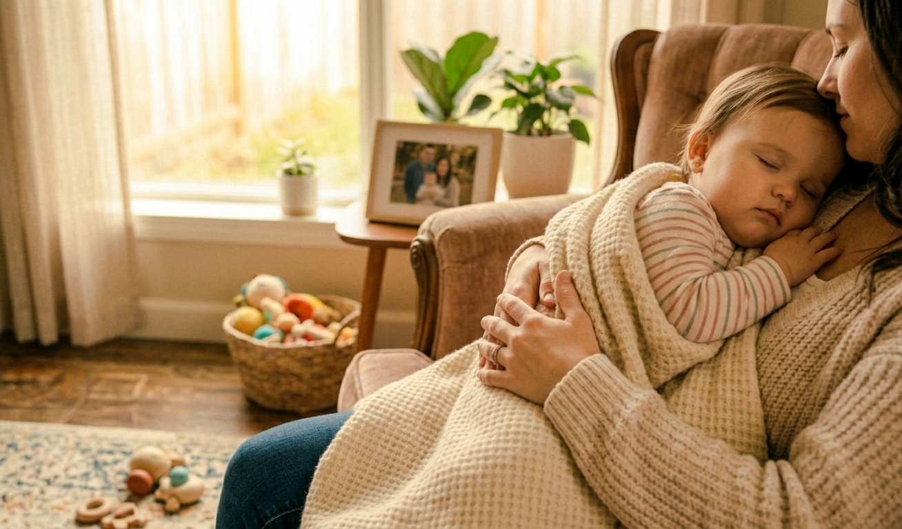 따뜻한 거실 매트 위에서 미소 짓는 아기 (A happy baby smiling on a play mat in a cozy, warm-toned home)