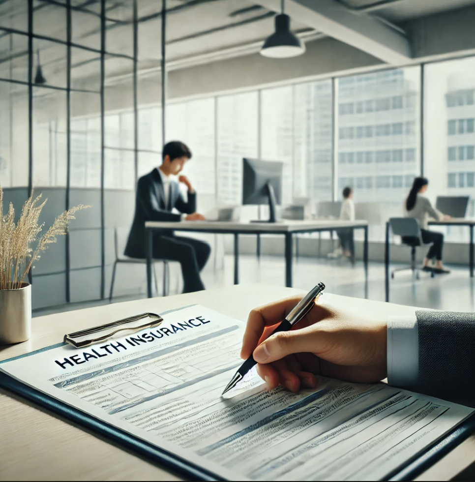 건강보험 관련 서류를 작성하는 장면.