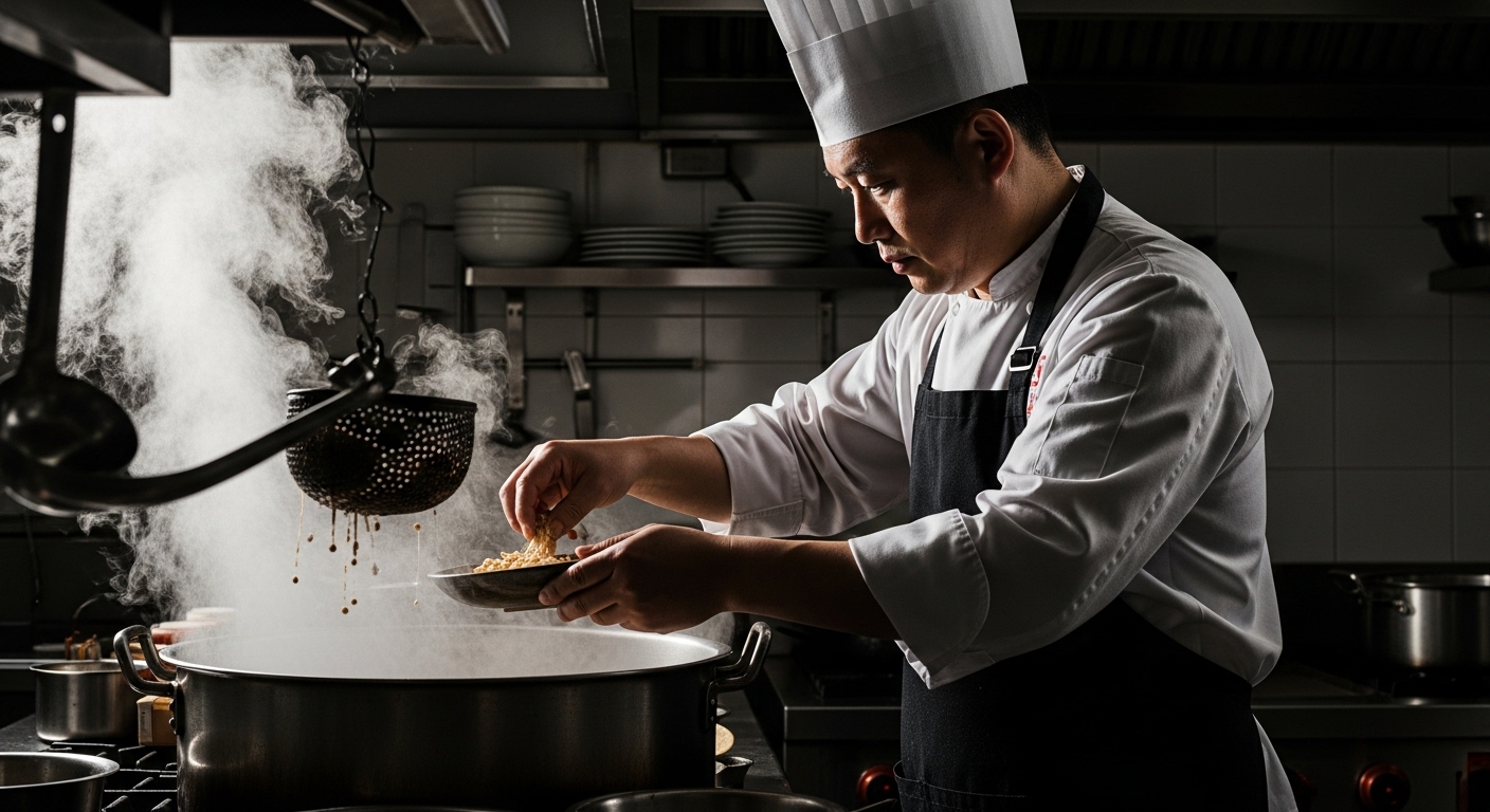 중식 셰프가 불도장 재료를 발제하는 모습. 커다란 냄비에서 김이 피어오르고 있다.