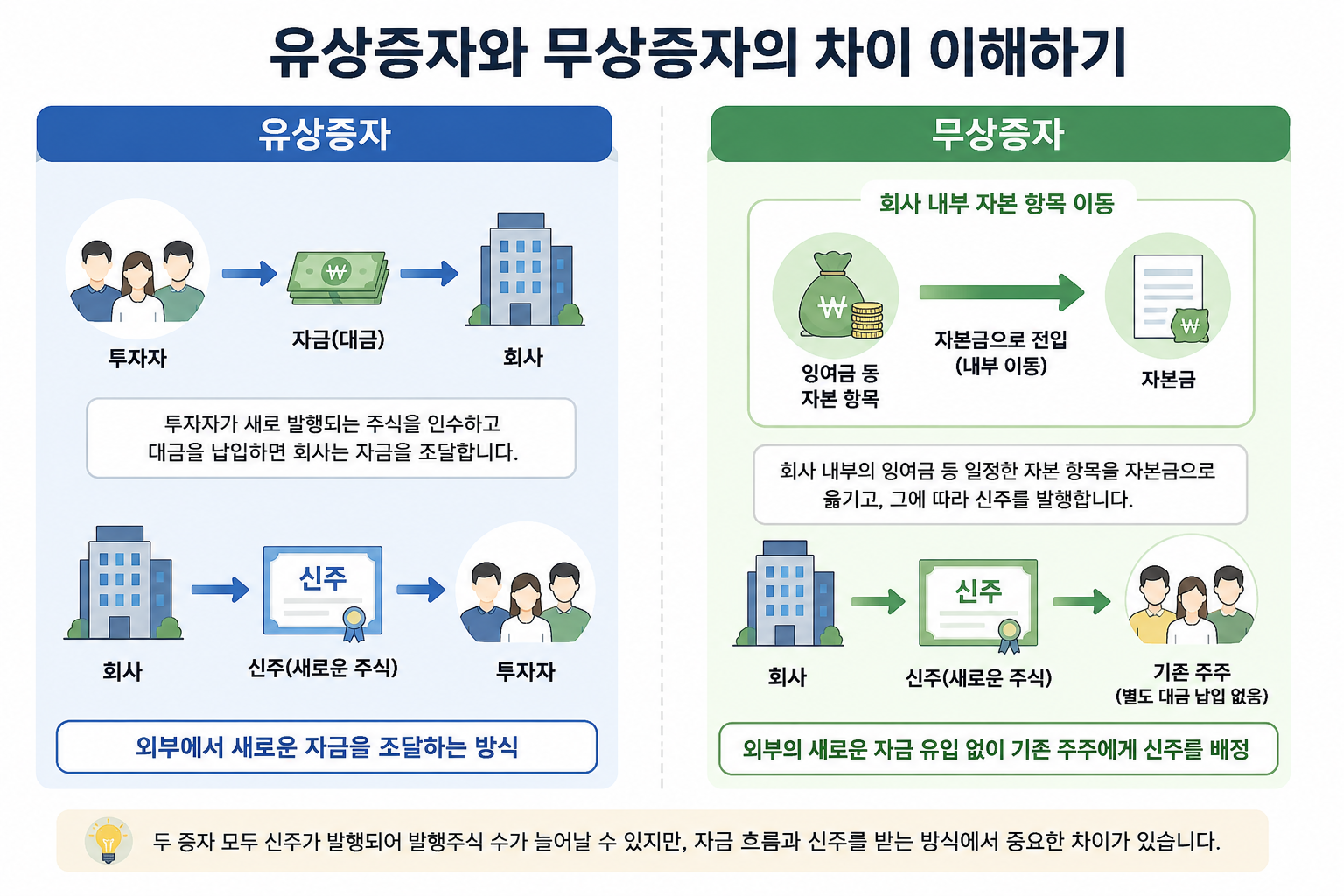 유상증자와 무상증자에서 신주 발행과 자금 흐름이 어떻게 다른지 살펴보는 모습.