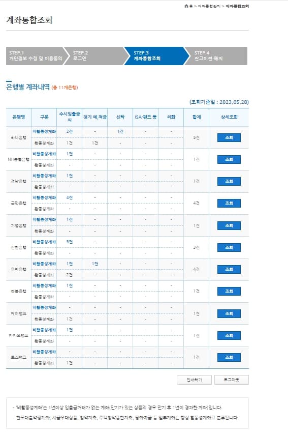 계좌정보 통합관리서비스 계좌통합조회 결과