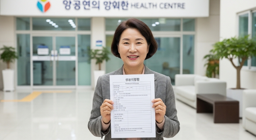보건소 앞에서 의뢰서를 들고 있는 중년 여성