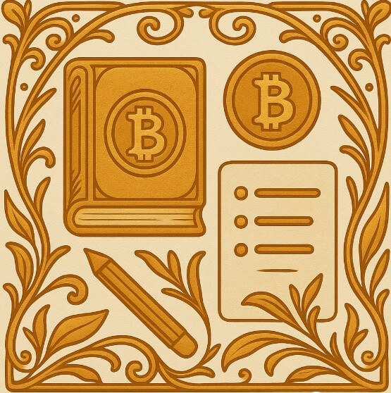 비트코인 공부라는 주제로 아르누보 스타일로 비트코인 심볼이 그려진 책을 그린 그림