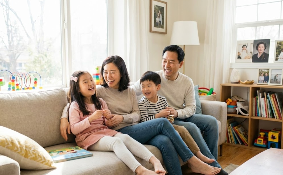 행복하게 웃고 있는 다자녀 가족의 모습