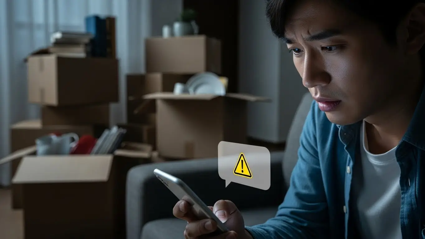 은행으로부터 대출 일부 상환 요구 문자를 받고 고민에 빠진 세입자의 모습