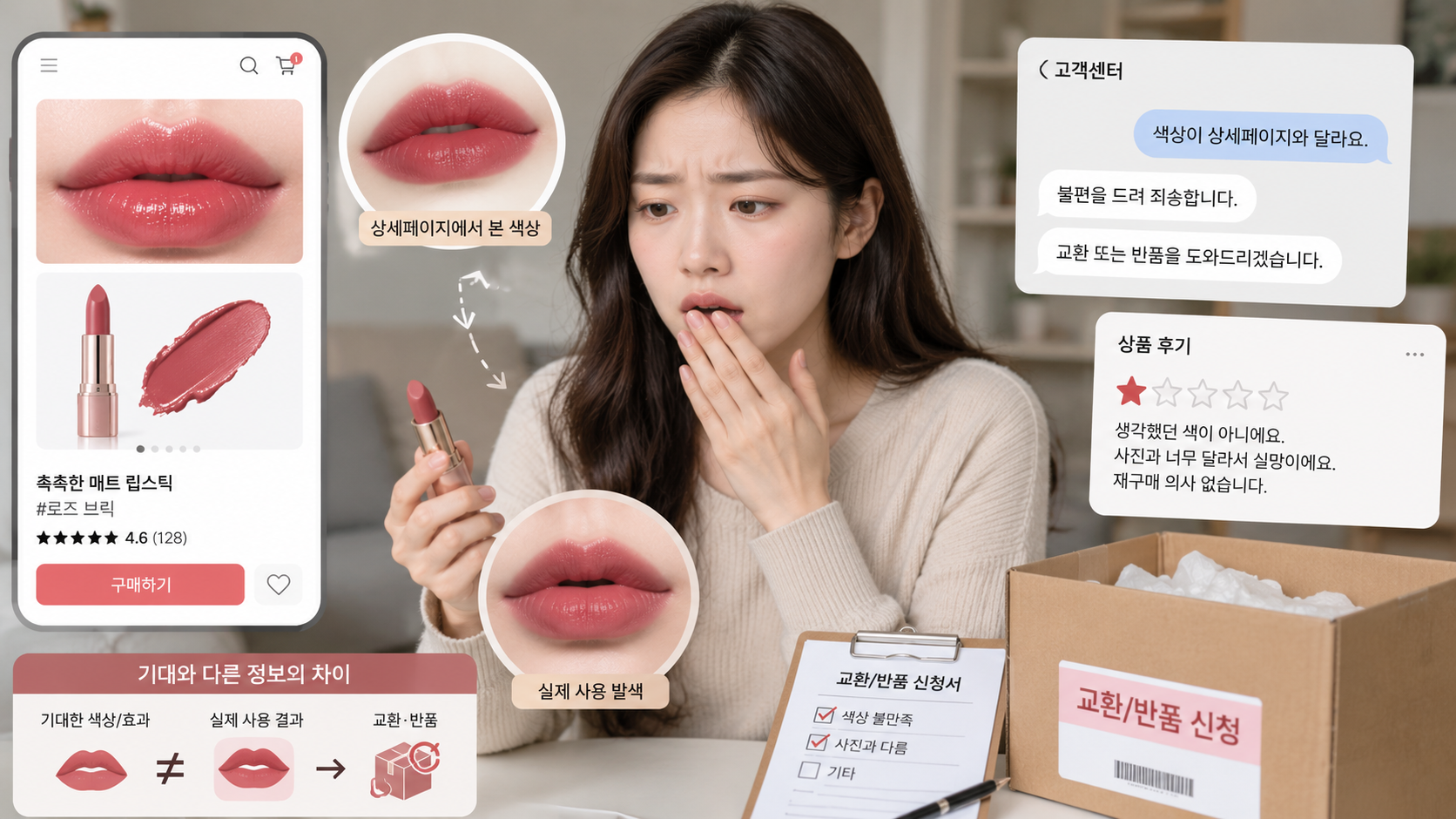 실제 사용 결과와 기대의 차이가 교환 반품 및 부정적인 리뷰로 이어진 모습