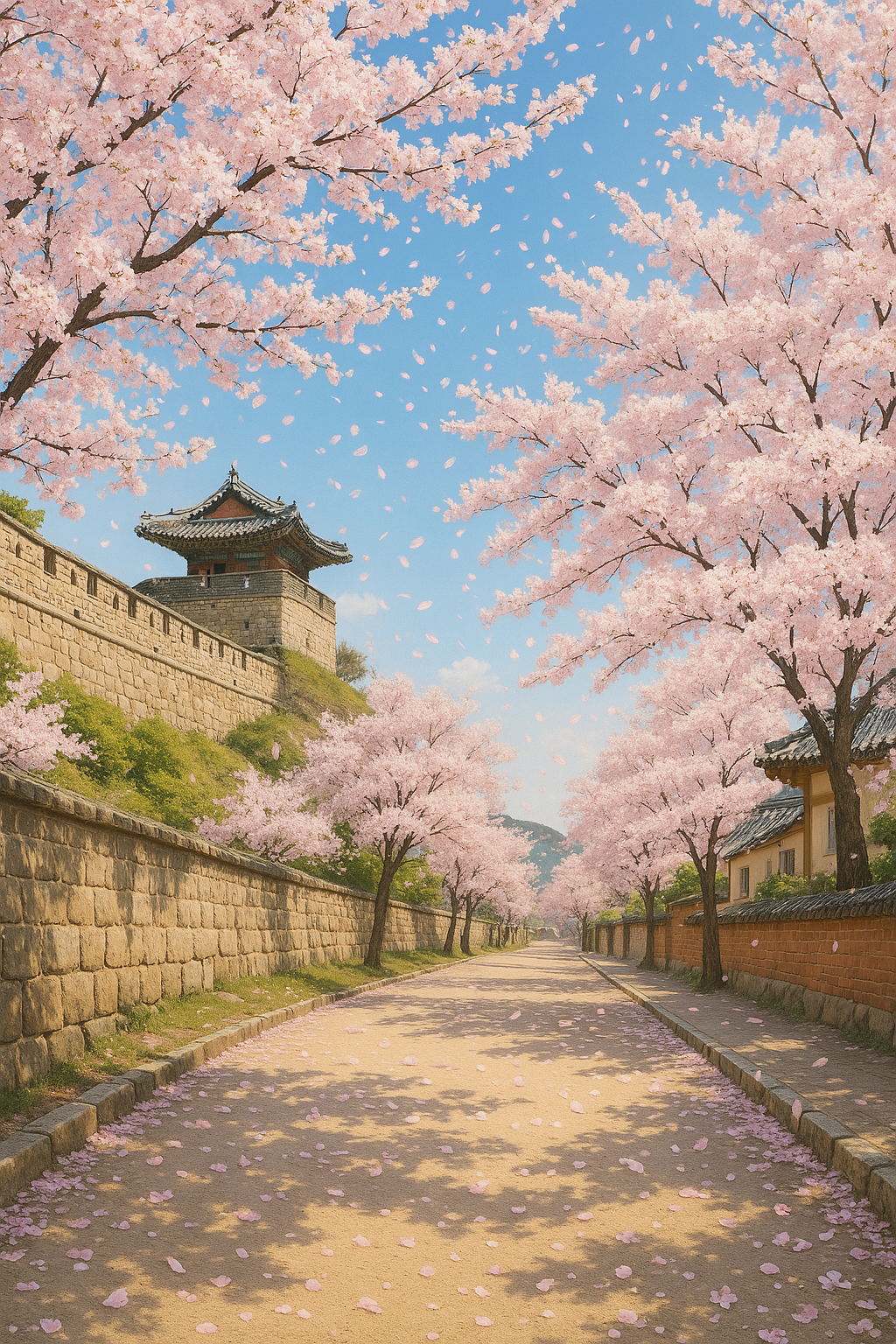 수원 화성 &amp; 행궁동 벚꽃길 &ndash; 역사와 꽃길의 만남을 표현한 이미지