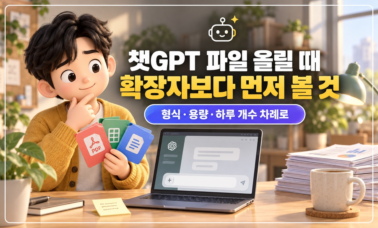 업로드 창 앞에서 파일 세 개를 고르는 캐릭터