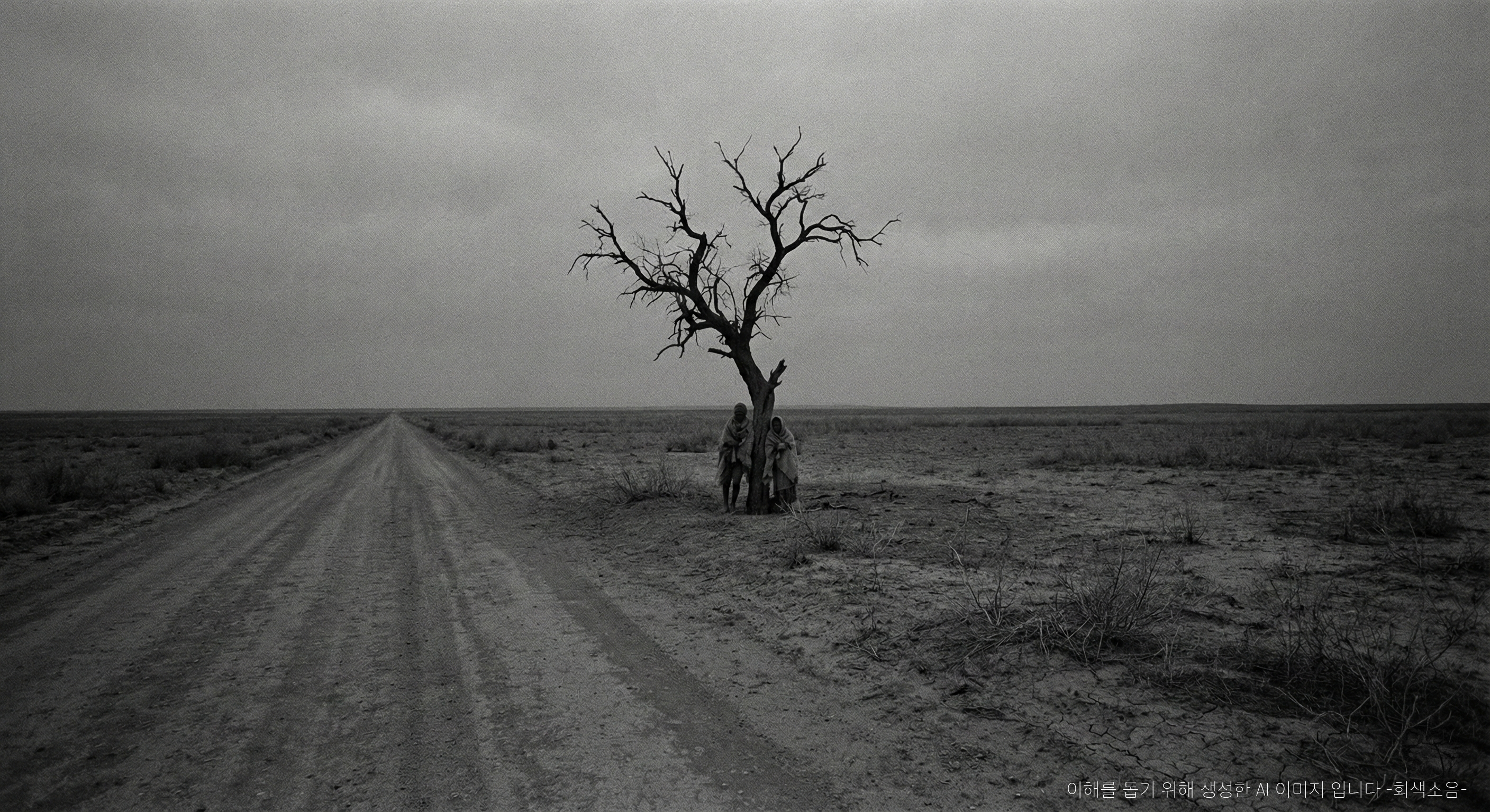해질 무렵 황량한 시골길의 잎 없는 나무 아래에 두 사람이 아주 작게 앉아 있는, 회색 하늘과 거친 흑백 톤이 강조된 미니멀 풍경 장면.