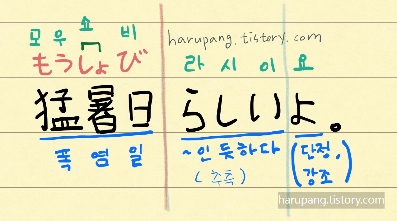 일본어 '폭염일 이래.','猛暑日らしいよ。' 의 발음과 단어 뜻을 보기 좋게 색깔 별로 정리한 노트
