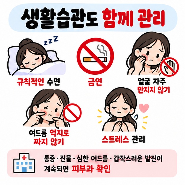 수면 금연 얼굴 만지지 않기 스트레스 관리와 피부 문제가 지속될 때 피부과 진료를 확인하는 체크리스트 카드