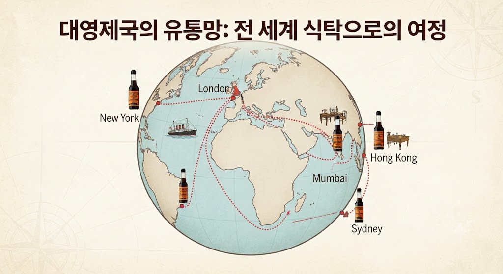 우스터소스의 세계화 과정을 제국의 유통망과 연결한 인포그래픽 지도입니다. 19세기 영국 지도를 중심으로, 런던 항구에서 출발하는 증기선 항로(점선)가 인도양과 아시아, 아메리카로 뻗어나가는 모습을 시각화했습니다. 각 거점 항구에는 우스터소스 병 아이콘을 배치하여, 식민지 관료와 상인들을 통해 전 세계 식탁에 소스가 퍼져나갔음을 강조했습니다.