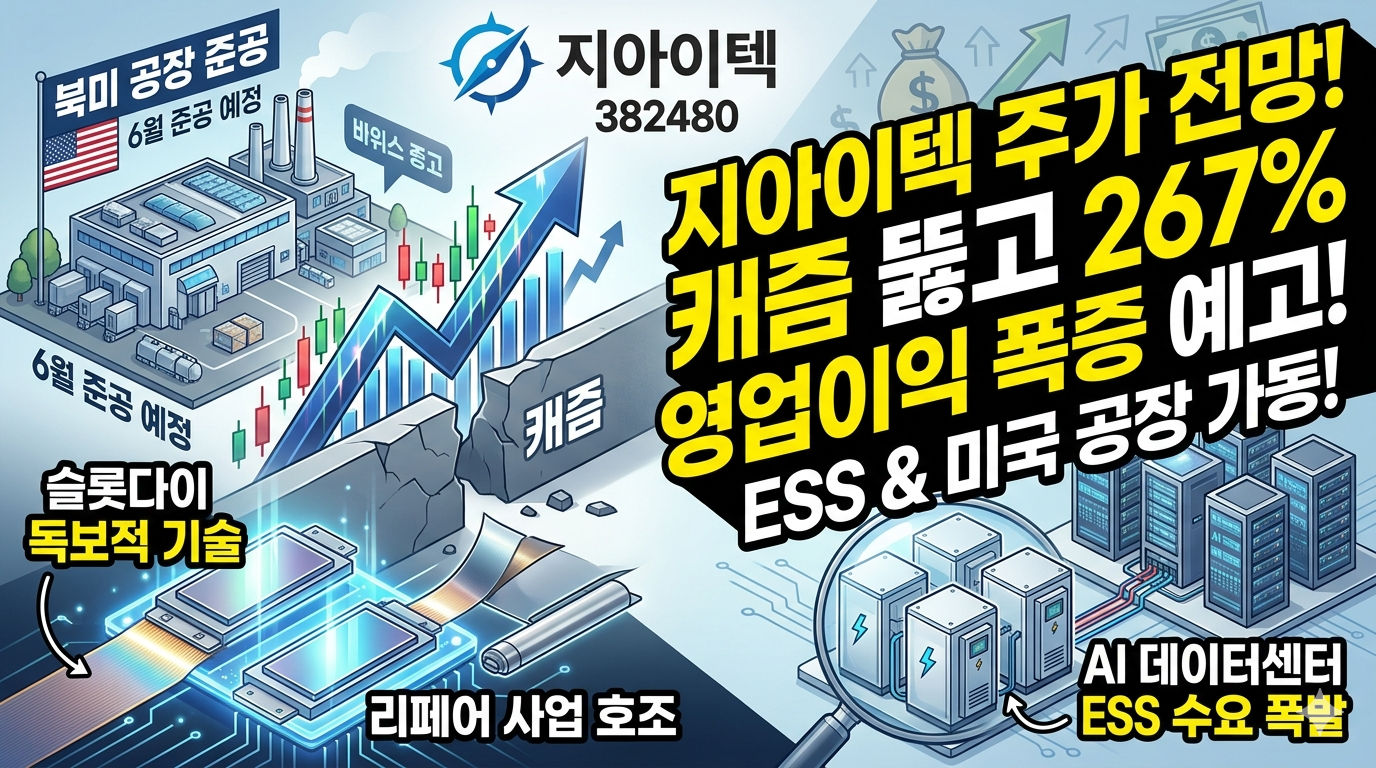 지아이텍의 이차전지 '캐즘' 돌파와 영업이익 폭증 예고를 시각화한 역동적이고 직관적인 썸네일 이미지를 생성했습니다.