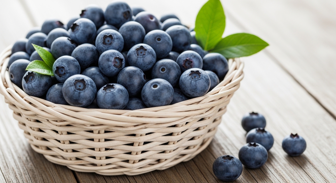 텍스트 없이 신선하고 탱글탱글한 블루베리가 가득 담긴 바구니 사진