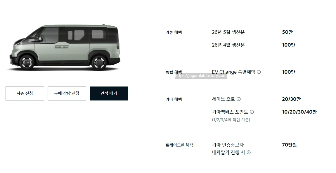 26년 6월 PV5 패신저 재고차 할인, EV Change 특별 혜택, 세이브 오토, 기아멤버스 포인트, 기아 인증중고차 내차 팔기 구매 혜택