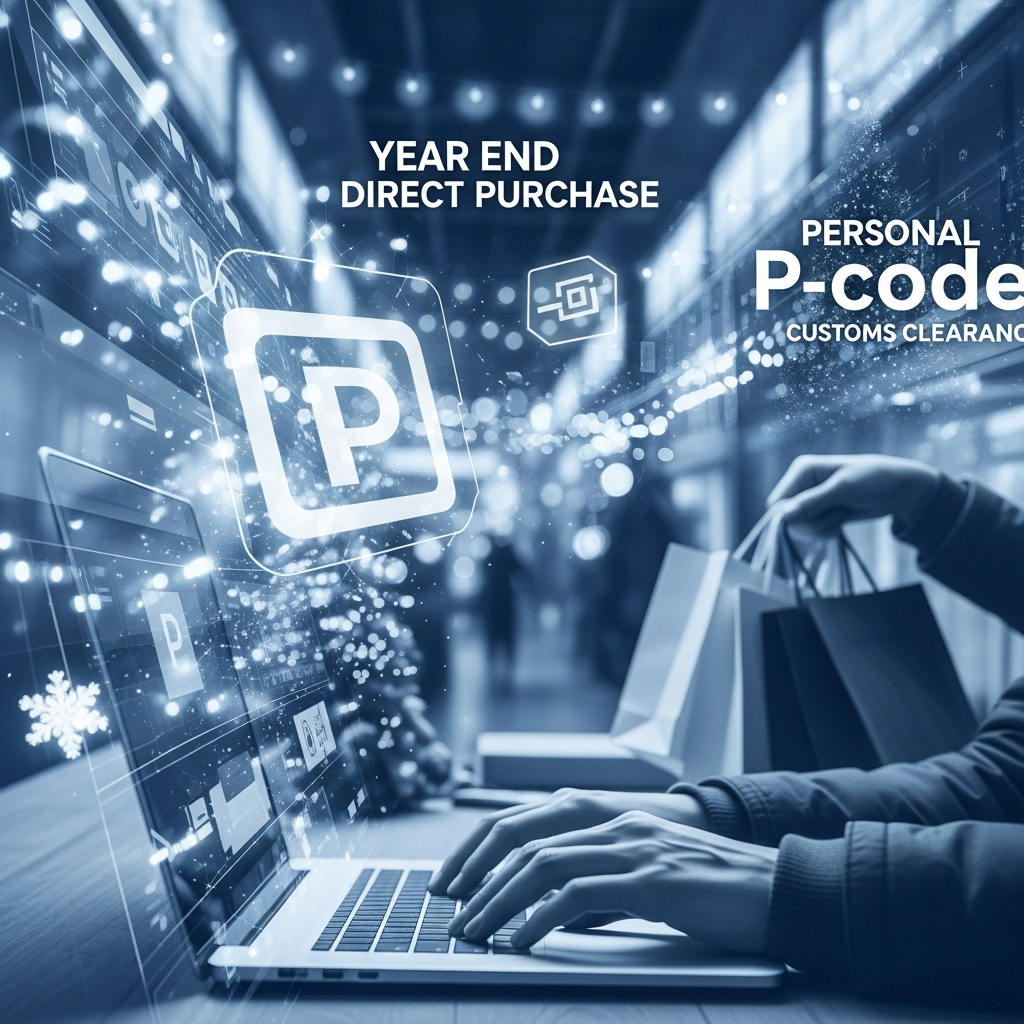 연말 직구 쇼핑몰 화면과 개인통관고유부호, 해외 배송 박스들이 역동적으로 어우러진 이미지. 블랙프라이데이와 홀리데이 시즌의 분주함을 표현하며, 신속한 통관의 중요성을 강조합니다.