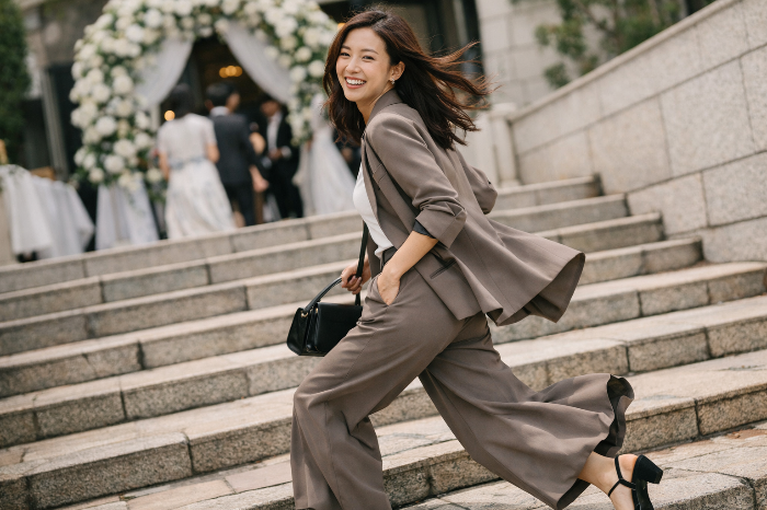 이동이 잦은 결혼식 환경에서 뛰어난 활동성을 제공하는 와이드 슬랙스 셋업.