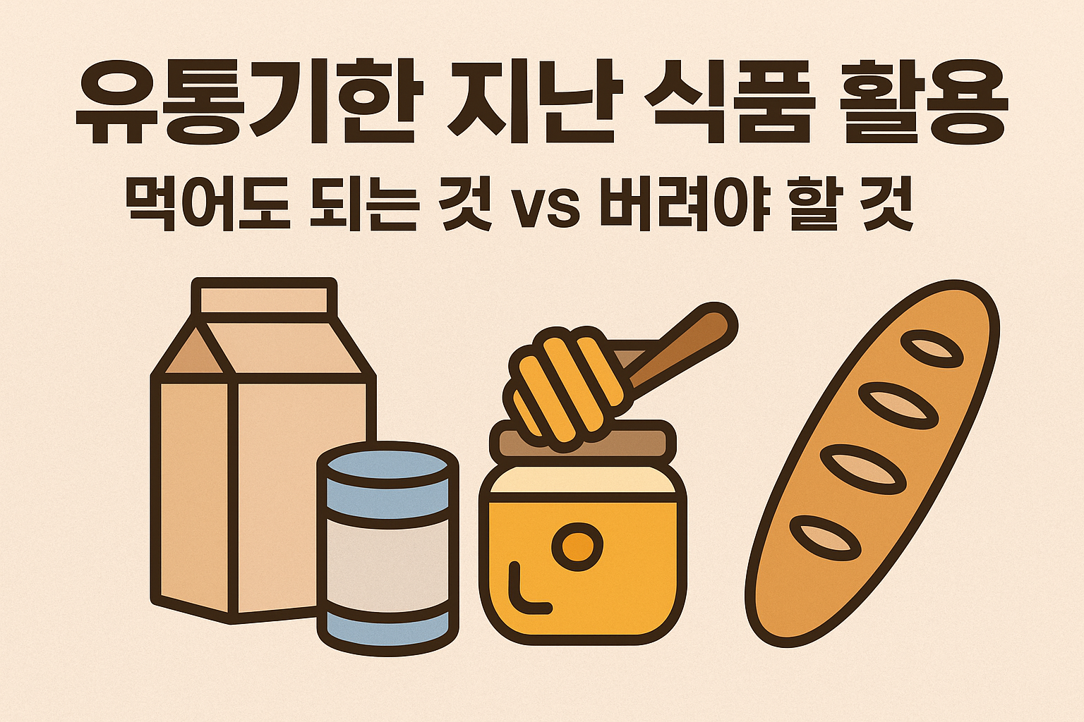 <img src="이미지경로/유통기한-지난-식품-활용법.png" alt="유통기한 지난 식품 활용법 - 먹어도 되는 것과 버려야 할 것 비교, 우유팩·통조림·꿀·빵 그림 포함" />