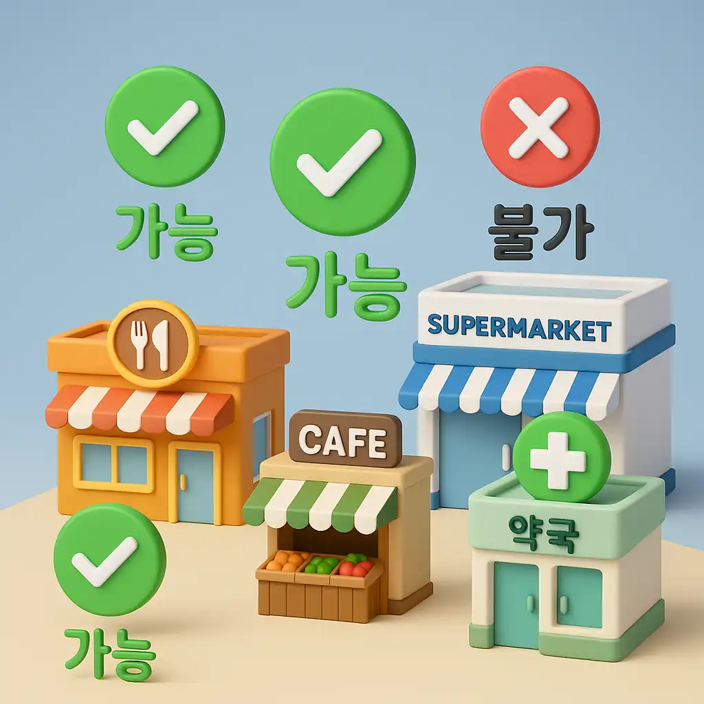 경기지역화폐 사용처 안내 이미지: 음식점, 카페, 전통시장 가능 / 대형마트 불가