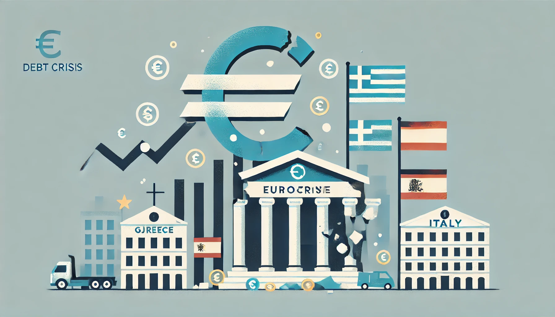 2010년 유로존 재정위기를 표현한 심플하고 깔끔한 이미지. 붕괴되는 유로(Euro) 기호, 하락하는 주식 시장 그래프, 어려움을 겪는 유럽 건물, 그리스, 스페인, 이탈리아 국기를 포함해 금융 불안정을 미니멀하고 현대적인 디자인으로 전달