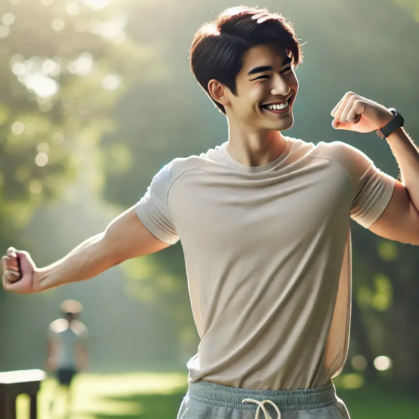 햇살 아래 활기차게 팔을 스트레칭하며 웃고 있는 동양인 남성