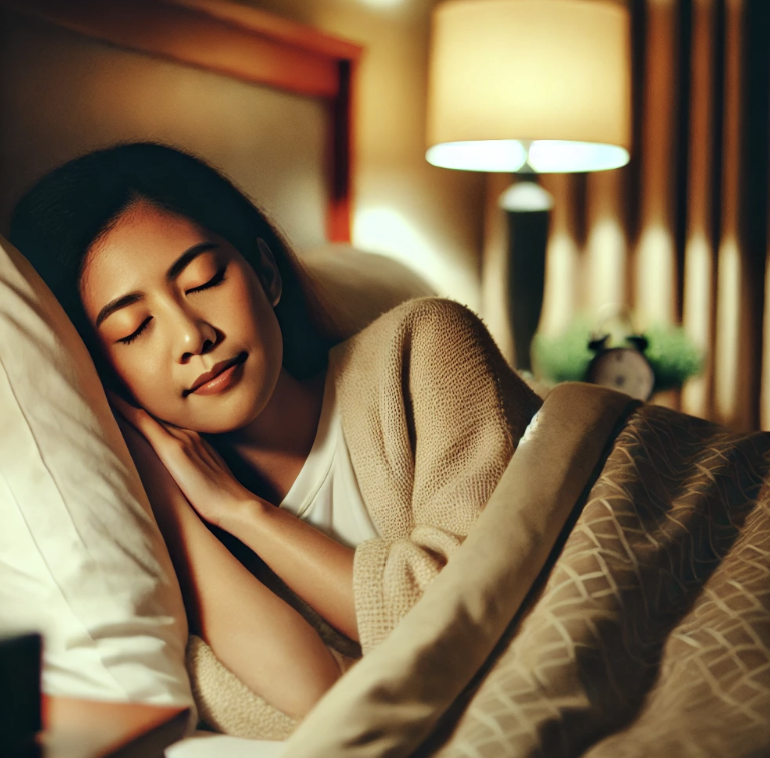 편하게 침대에서 잠을 자는 여성