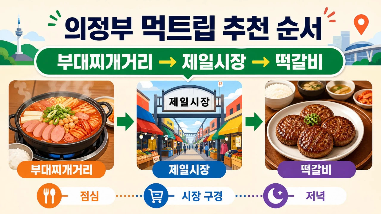 의정부 부대찌개거리 제일시장 떡갈비 추천 방문 순서를 정리한 이미지