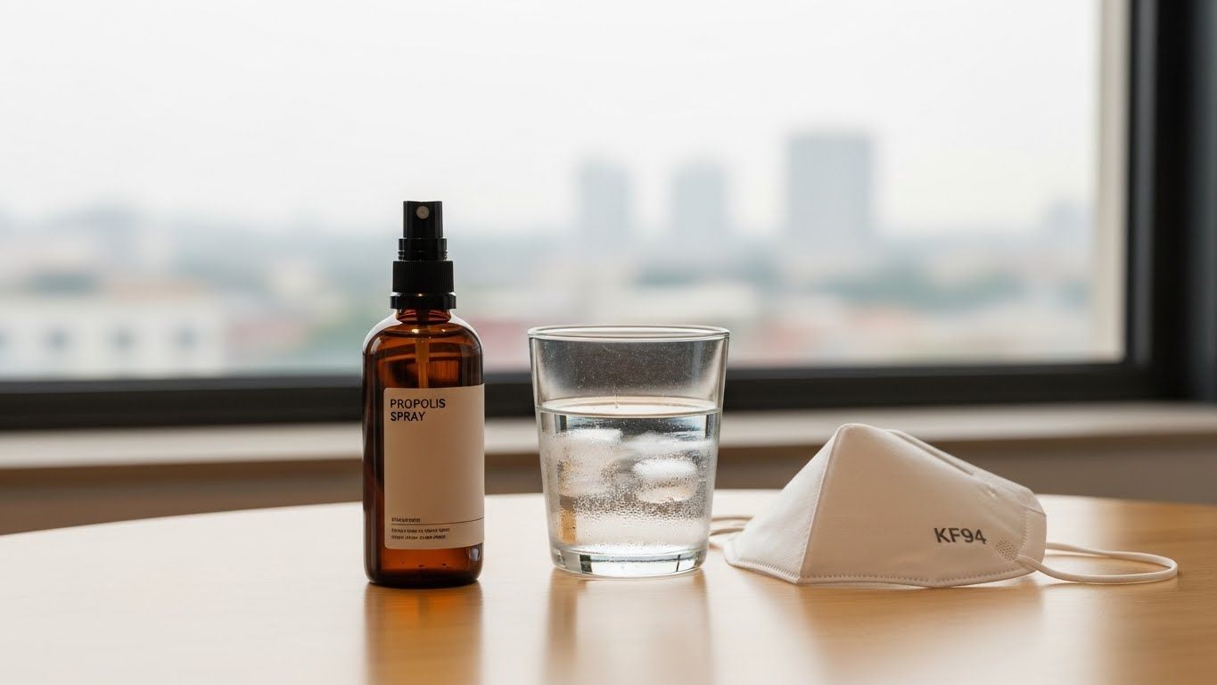 물 한 잔 옆에 놓인 세련된 프로폴리스 스프레이 병과 가볍고 깨끗한 나무 테이블 위에 마스크(KF94 타입)를 착용한 현대적이고 미니멀한 구성입니다.