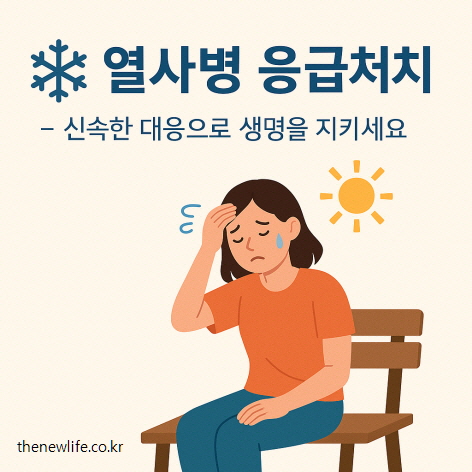 A woman sits on a bench, holding her head with a pained expression under the sun, representing symptoms of heatstroke. Text in Korean reads