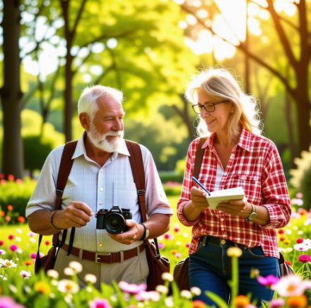 야외에서 노후를 즐기고 있는 노부부
