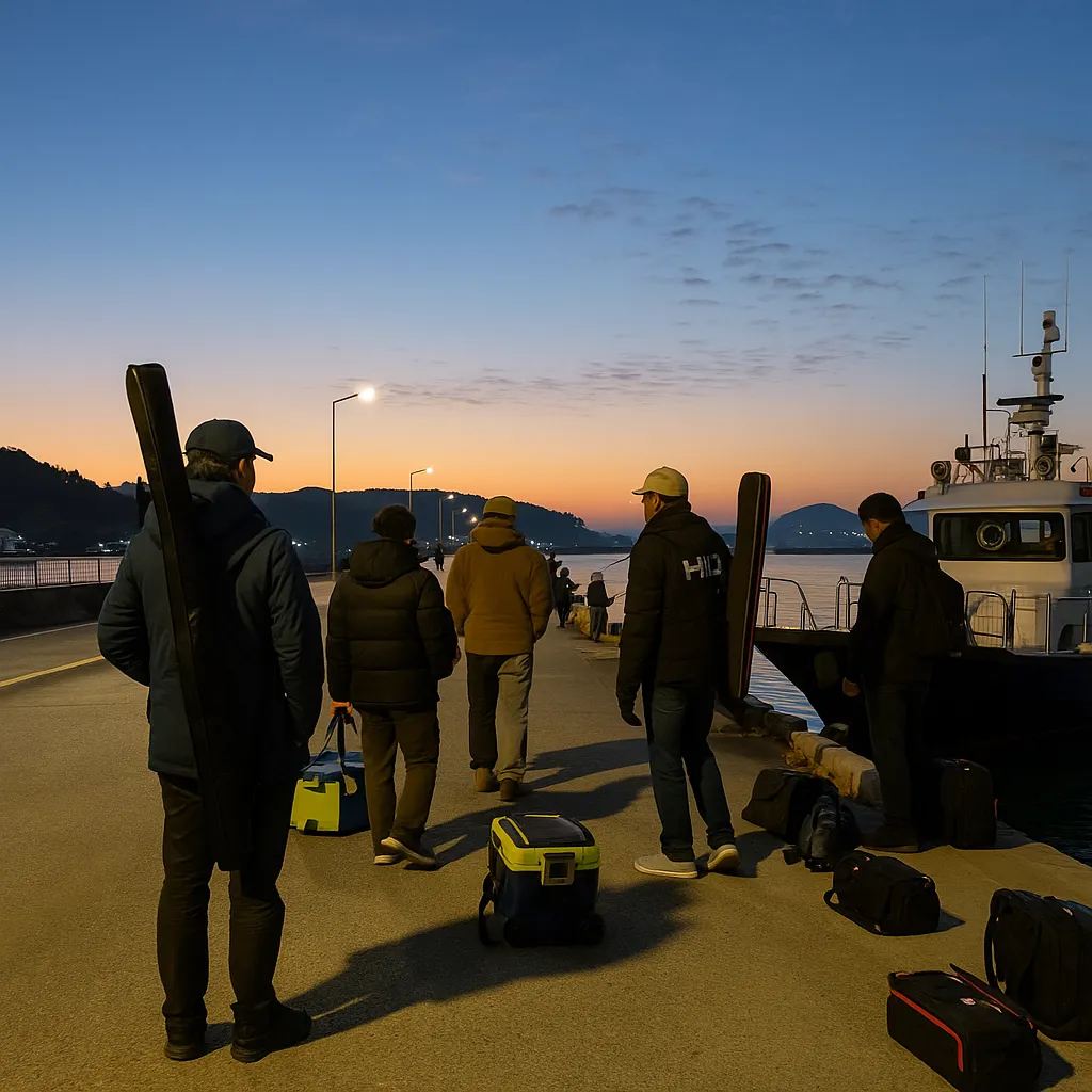 여수 돌산항에서 낚시 장비를 든 낚시인들이 새벽에 승선을 기다리는 모습