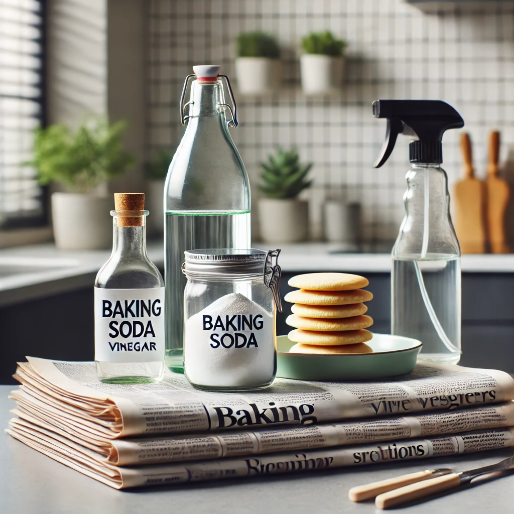 청소용 천연 재료

모던한 주방 카운터 위에 베이킹소다, 식초 스프레이, 그리고 신문지가 깔끔하게 정리되어 있는 모습