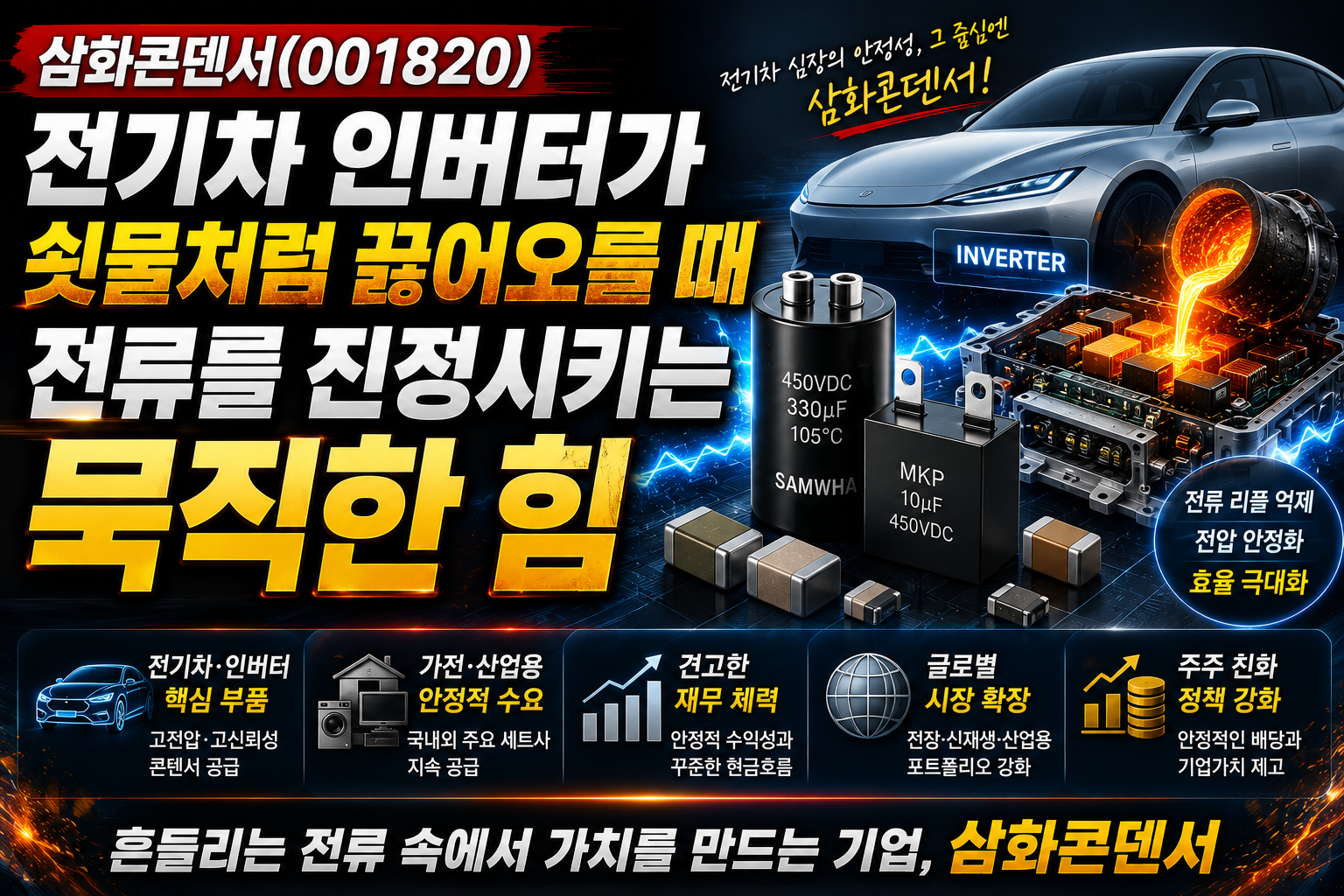 삼화콘덴서(001820)｜전기차 인버터가 쇳물처럼 끓어오를 때 전류를 진정시키는 묵직한 힘