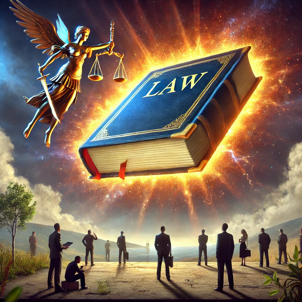 거대한 법전이 하늘에서 내려오며 사람들을 심판하는 장면.