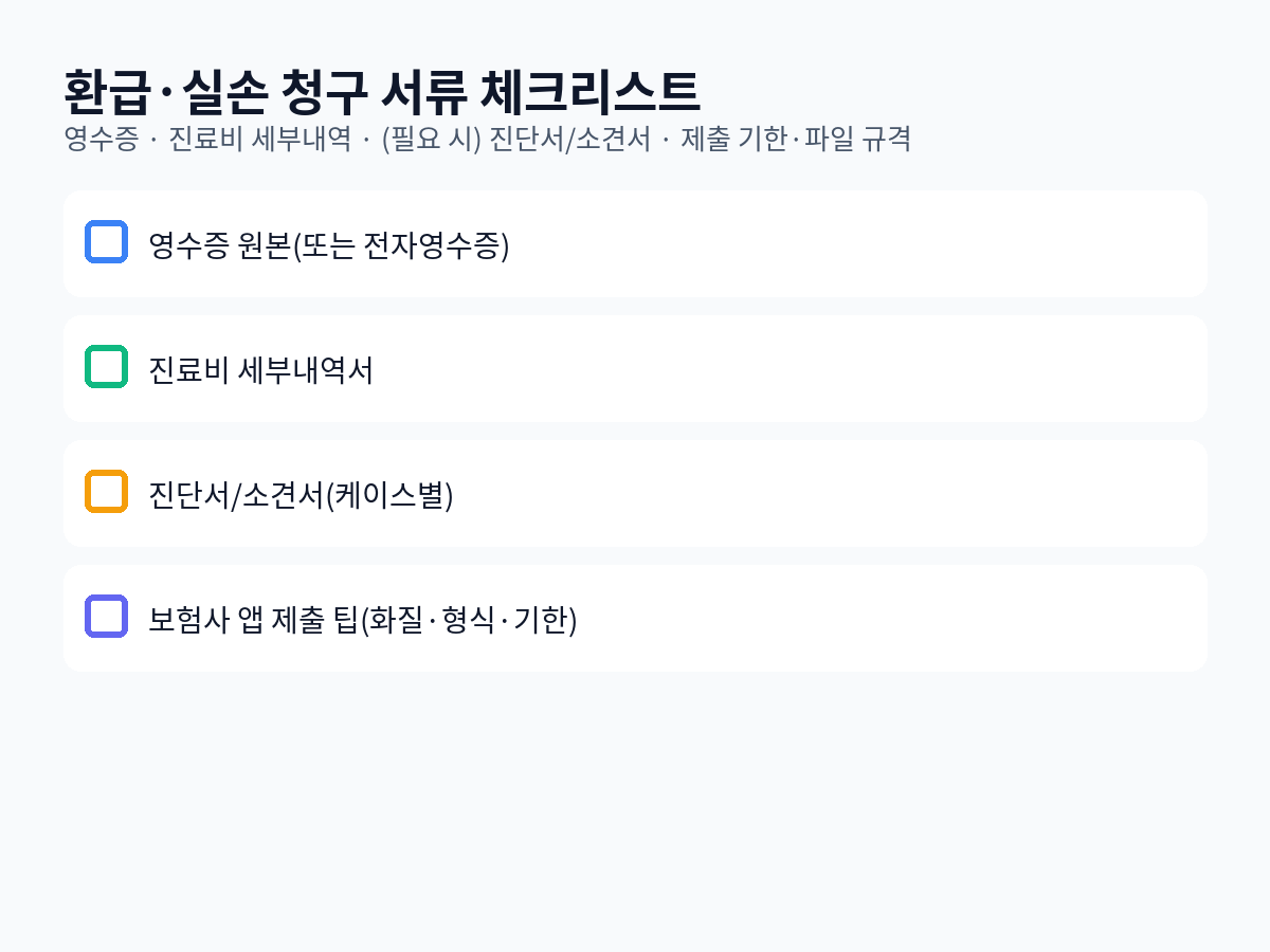 환급·실손 청구 서류 체크리스트 — 영수증, 세부내역, 진단서/소견서, 앱 제출 팁