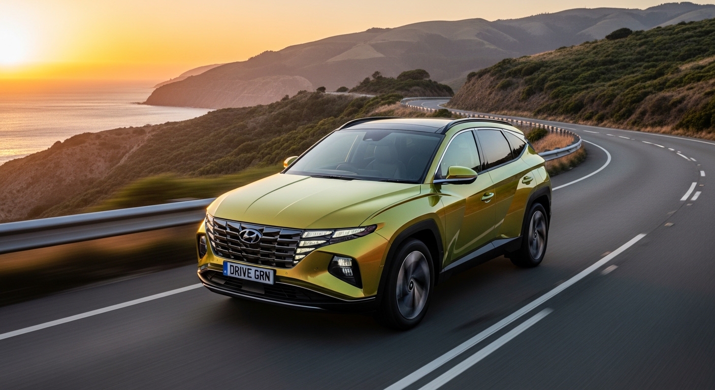 현대차 투싼 하이브리드 HEV 미국 판매 1위 SUV 주행 그린오렌지 2026